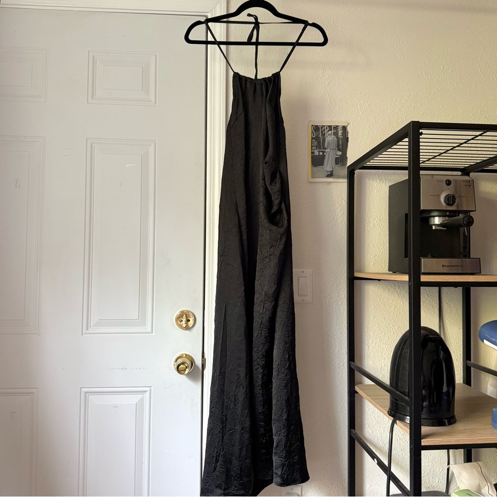 NIILEE ATELIER black high neck halter textured crinkle satin maxi dress